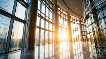 Obraz premium Modern Office Building Interior with Sunbeams Shining Through Large Glass Windows