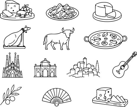 spain icons contoured in black and white