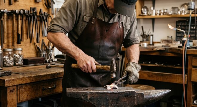 Blacksmith working at an anvil in a workshop
