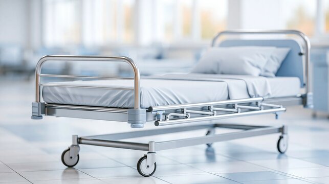 Empty hospital bed on wheels in a modern, clean ward with natural light