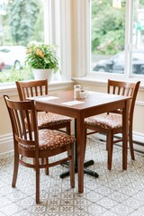 Fototapeta premium Cozy Wooden Table and Chairs Set in a Bright Cafe Corner by the Window