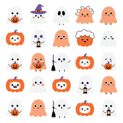 Obraz premium Collection of cute ghosts and orange pumpkins for halloween