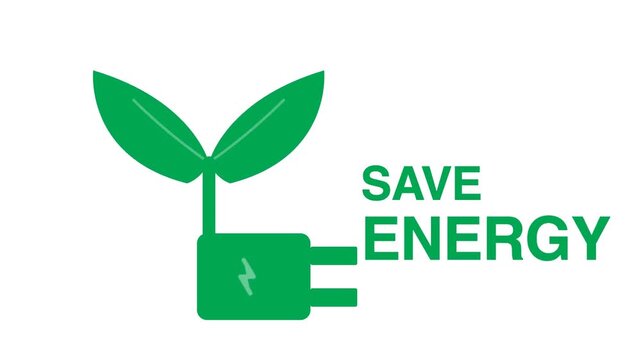 Flat vector illustration of a green plant growing from an electrical plug icon with save energy text on white background
