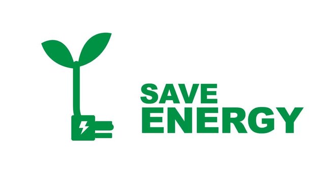 Flat vector animation of green plant sprout growing from electric plug with save energy text