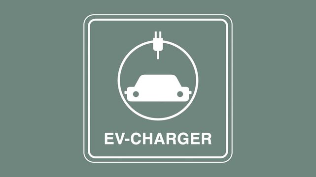 Flat design animation of an electric vehicle charging station icon appearing on a green background