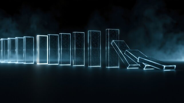 Row of glowing blue wireframe dominoes falling in dark, smoky environment