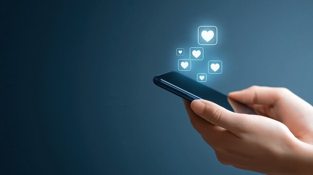 Close up of hands holding smartphone with social media likes and hearts icons floating upwards
