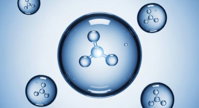 Abstract illustration of hydrogen molecules inside water droplets representing clean energy
