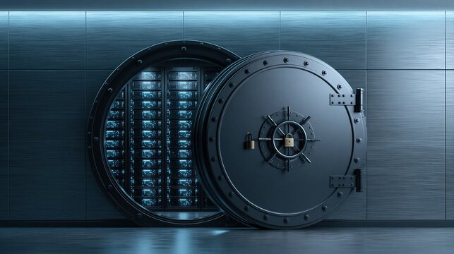 Secure Digital Data Storage Inside an Open Bank Vault with Rows of Servers