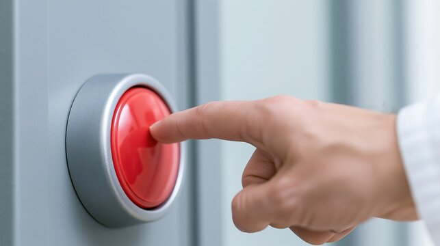Close-up of a human finger pressing a large red emergency stop button on a gray industrial panel