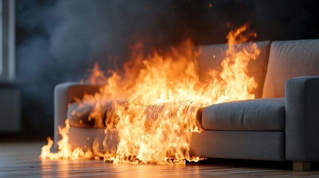 Modern Sofa Engulfed in Intense Flames and Smoke, Indicating Fire Hazard and Home Safety Concern