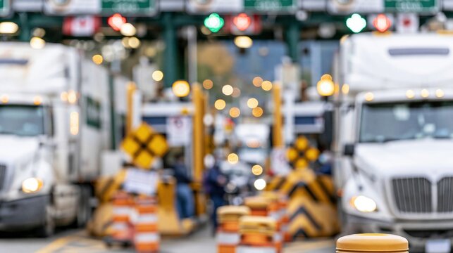 Blurry traffic jam at international border crossing with trucks and toll booths