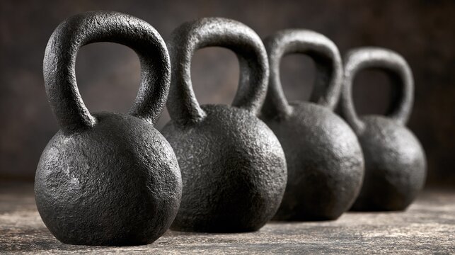 Four cast iron kettlebells lined up in a row, symbolizing strength training and fitness goals