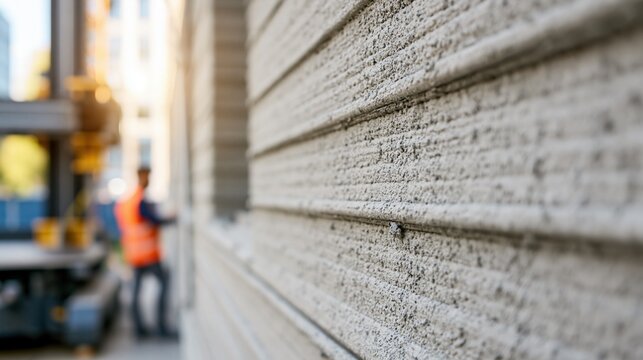 Close-up textured view of a 3D printed concrete wall under construction with a worker blurred in the background