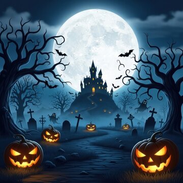 Spooky halloween night scene with a haunted castle, glowing pumpkins, and a full moon