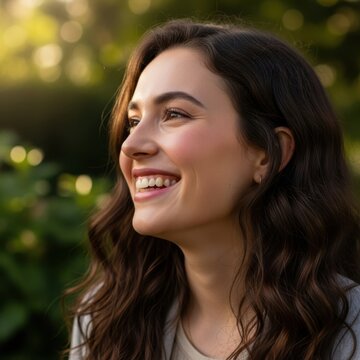 Portrait of a happy young woman smiling and looking away in a sunlit outdoor garden setting