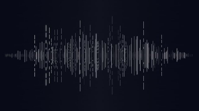 abstract sound wave visualization, pulsing audio waveform, equalizer bars, digital music rhythm, electronic pulse, motion graphics, dark background, white lines, technology concept