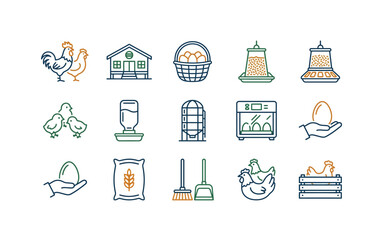 Chicken Farm Icons Set. Poultry Farming and Egg Production Line Art. © alesana
