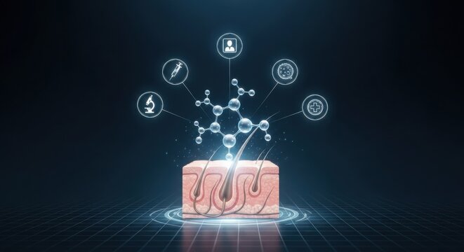 Digital illustration of skin structure with molecular analysis icons