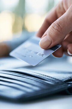 Close-up of a person's hand inserting a credit card into a black leather wallet