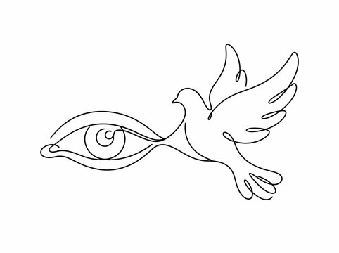 A minimalist continuous line drawing depicts a dove flying from an open eye, symbolizing freedom and vision against a clean white background.