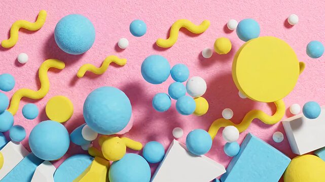 Playful 3D geometric shapes on pink textured background