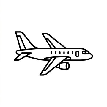 Simple black and white airplane line drawing illustration.