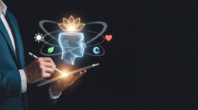Businessman using tablet with mental health hologram. Digital wellness and mindfulness tech.