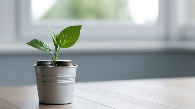Small plant sprouting from coins in a silver pot, symbolizing financial growth and investment