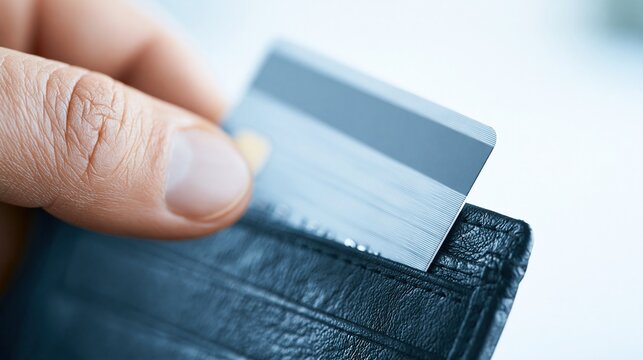 Close-up of a person's hand inserting a credit card into a black leather wallet for payment
