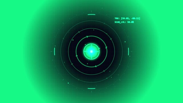 Futuristic HUD target reticle, digital radar display with glowing neon green concentric circles and crosshairs, data readout, technology background