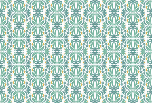 seamless damask style tile folk art pattern featuring hand drawn symmetric green flower and botanical swirl leaves