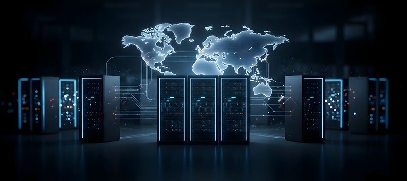 Global internet connectivity with server racks and glowing digital lines mapping data transfer nodes on futuristic virtual earth map in modern technology datacenter