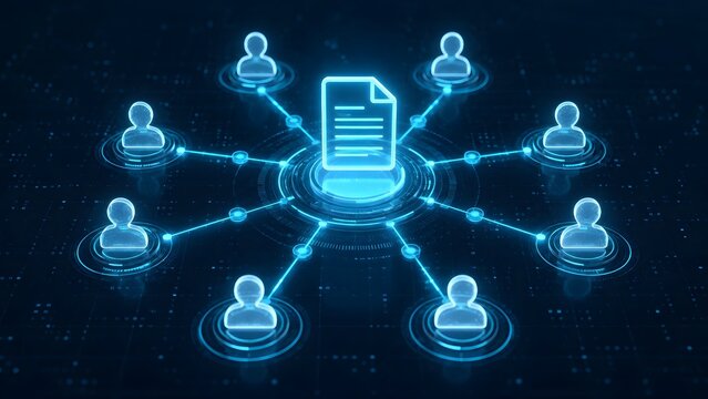 Futuristic digital network concept with glowing blue document connecting to multiple user profiles representing secure cloud file sharing and team collaboration