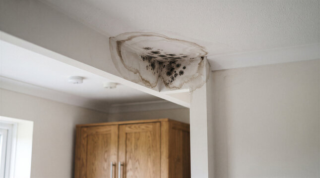 Water damage and black mold on a ceiling corner in a residential home interior