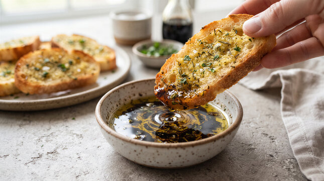 Hand dipping a piece of toasted garlic bread with herbs into a small bowl of olive oil and balsamic vinegar on a rustic table