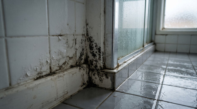 Black mold growing on bathroom wall tiles and shower frame due to water damage and high humidity in a residential home