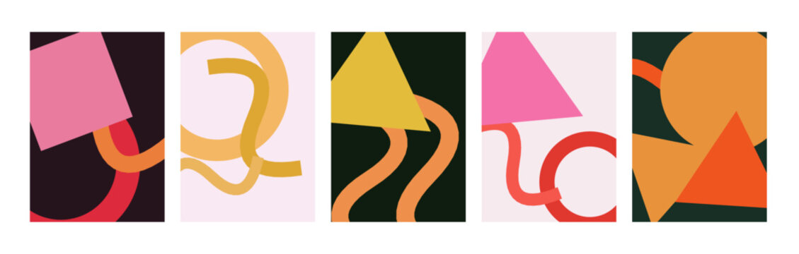 A collection of five abstract panels featuring colorful geometric shapes and playful wavy lines arranged in a modern minimalist artistic composition for design