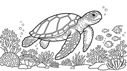 Fototapeta premium Black and white coloring page featuring a sea turtle swimming among coral reefs and small fish.