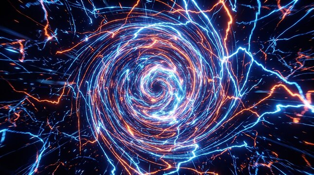 Hypnotic plasma energy vortex with swirling blue and orange electric streams spiraling into infinite dark center