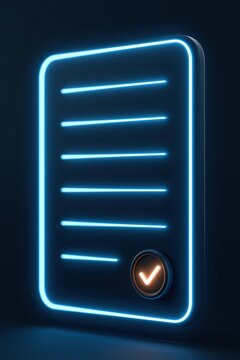 Glowing Neon Document Icon with Completed Checkmark on Dark Background - Digital Contract or Task List Concept