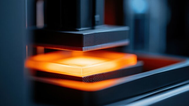 Close-up of high-tech 3D printer resin vat illuminated by orange UV light, solidifying material layer by layer