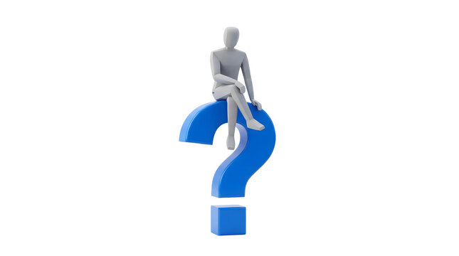 3D rendering of a blue question mark with a small cube at the bottom and a gray human-like figure sitting on the top curve of the question mark, symbol, concept, thinking, query, puzzle, uncertainty