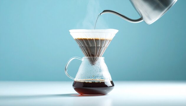 Pour-Over Coffee Brewing Process with Hot Water and Kettle