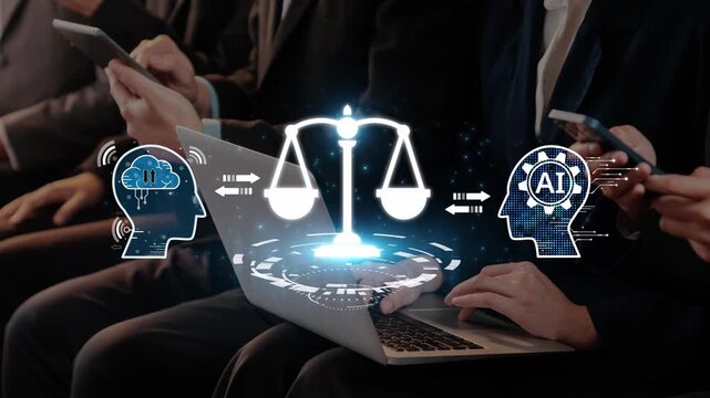 This image depicts the integration of technology and law, showcasing the relationship between artificial intelligence, cloud computing, and legal frameworks essential for modern practices. Raster