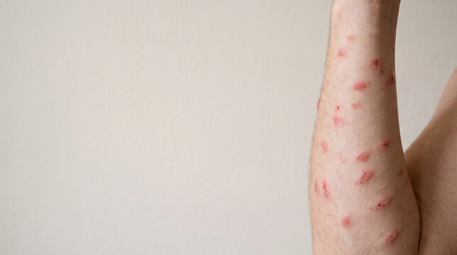 Multiple itchy papules and insect bites on male forearm and arm