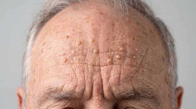 Molluscum contagiosum papules on senior forehead