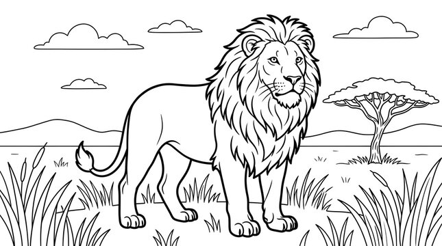 A black and white coloring page featuring a majestic lion standing in the African savanna.