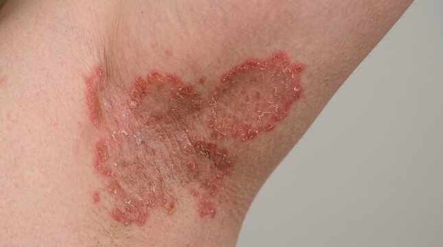Macro View of Severe Inverse Psoriasis and Fungal Intertrigo Rash Under Armpit