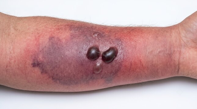 Macro Photo of Severe Hemorrhagic Blood Blister and Ecchymosis Bruise on Forearm